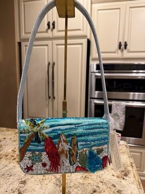 Beaded Ocean Scene shoulder bag w/surf boards and Palm tree